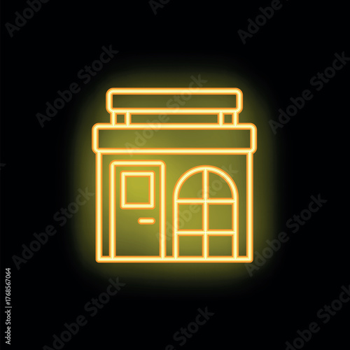 Glowing yellow neon sign of a building with a door and arched window on a black background