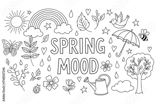 Spring mood doodle: nature elements with rainbow, flowers, and animals