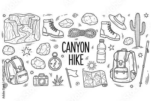 Canyon hike essentials: backpack, boots, compass, cactus, map, water bottle, camera