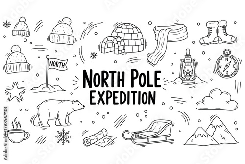 North pole expedition adventure: polar bear, igloo, compass, and winter gear