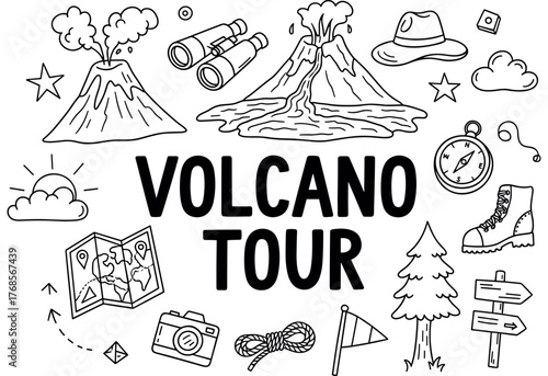 Adventure-ready volcano tour essentials with outdoor exploration icons