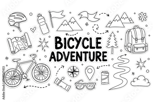Bicycle adventure doodle with bike, mountains, and outdoor gear icons