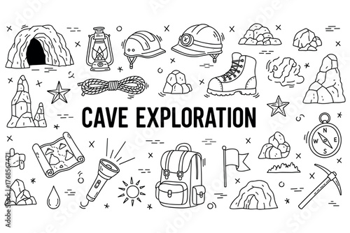 Cave exploration icons: helmet, lantern, backpack, map, rope, compass, rocks