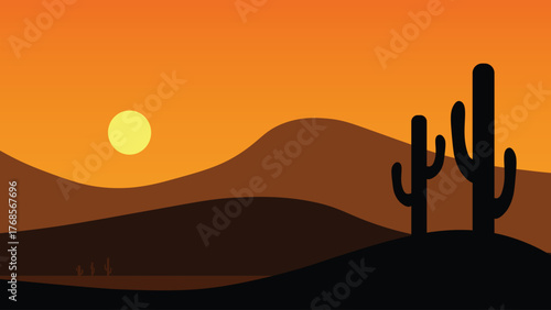 Sunset, desert landscape with heat, background illustration.
