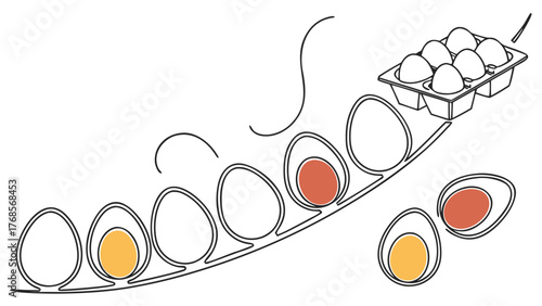 Whimsical egg illustration showcasing whole & halved eggs with colorful yolks, perfect for breakfast menus or healthy eating campaigns, originally a vector graphic