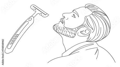Stylized man prepares to shave his beard with a modern razor, perfect for illustrating grooming, self-care, and masculine style in a clean, minimalist design