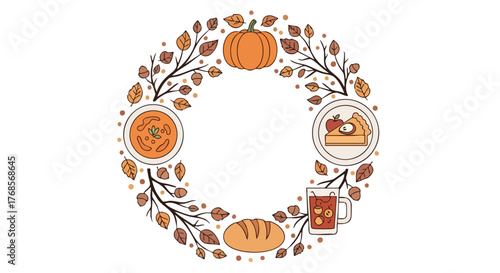Autumn harvest circular wreath with pumpkins and jars.
