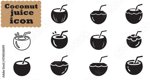 Coconut juice icon Set, Coconut juice Black vector