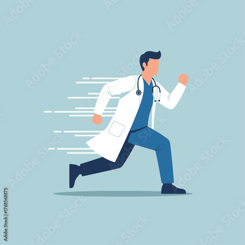 Vector illustration of a male doctor in a lab coat and scrubs running to a medical emergency.