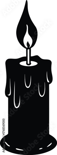 Burning candle silhouette isolated on transparent background with dripping wax effect for solemn or cozy atmosphere