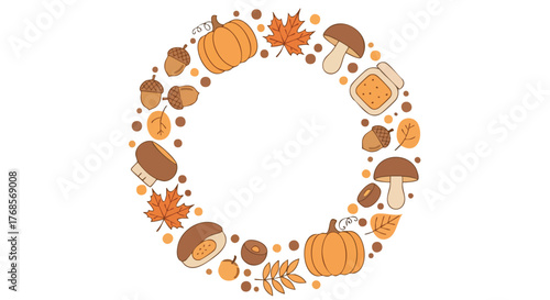 Autumn Harvest Wreath Made From Pumpkins And Leaves.