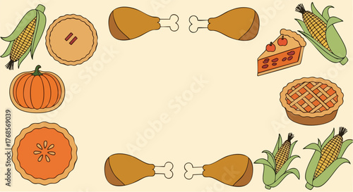 Autumn harvest foods arranged in a circular border featuring pumpkins corn pie.