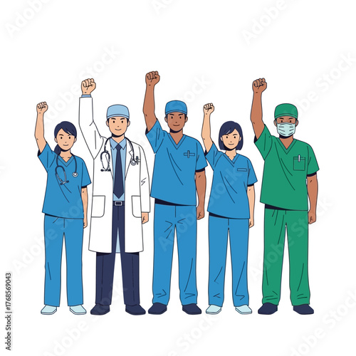 Diverse group of doctors and nurses standing together with raised fists in a show of solidarity and strength.