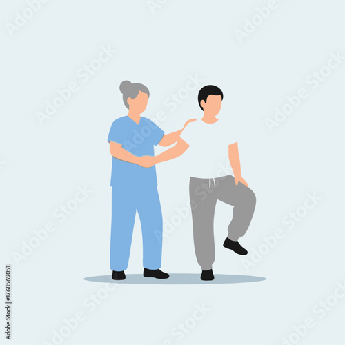 A female physical therapist assists a male patient with balance and mobility exercises during a rehabilitation session.