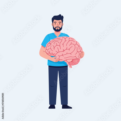 A male doctor or scientist character in a blue uniform holding a large human brain.
