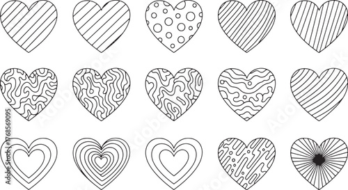 Collection of fifteen hand-drawn heart shapes with various patterns hearts love