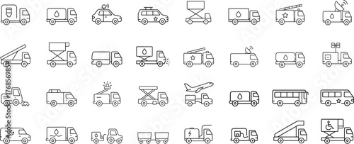 Airport service and ground transport line icon set. Vector illustrations of runway vehicles, passenger bus, generator, and sweeper equipment