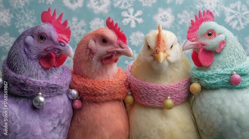 Four colorful chickens wearing knitted scarves. The chickens are in pastel colors: purple, pink, orange, and white. They have distinct combs and are set against a snowy background.