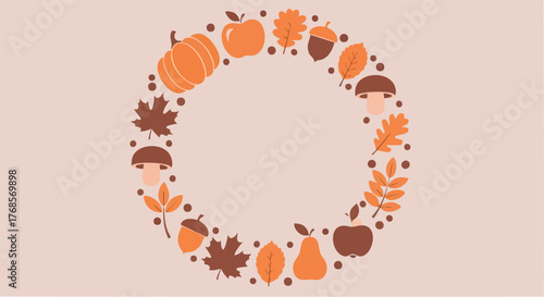 Autumn harvest wreath made of pumpkins leaves round design.