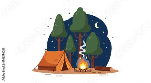 Camping in the forest at night vector illustration for outdoor adventure and nature background design