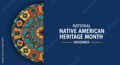 Native American Heritage Month image with a colorful mandala design on a blue background.
