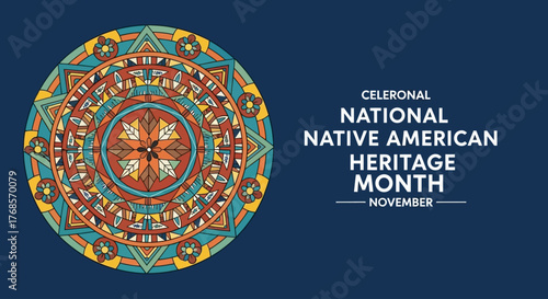 National Native American Heritage Month poster with a colorful mandala design.