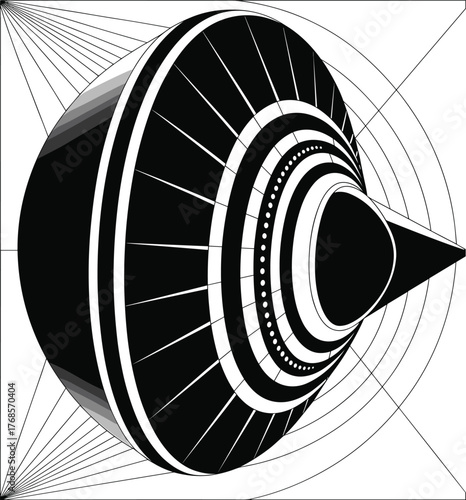 Abstract geometric cone with concentric rings, 3D vector illustration, mathematical visualization art, CAD modeling design template, technical graphics educational