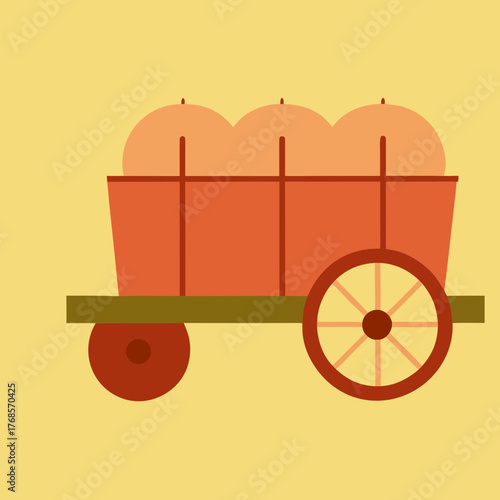 Flat vector illustration of a bullock cart loaded with hay for farming and countryside themes