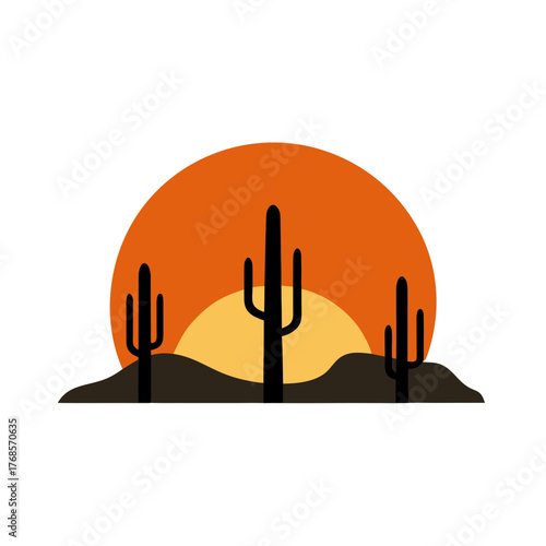 Flat minimalist desert sunset silhouette with saguaros vector illustration scalable eps icon