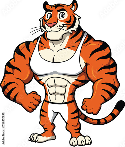 "Cartoon muscular tiger character in tank top and shorts, strong animal mascot illustration, confident wildlife artwork, powerful jungle design theme"