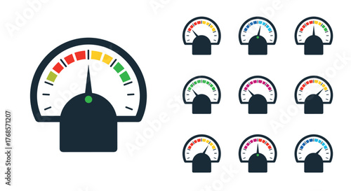 A collection of colorful gauge and speedometer icons representing various levels of performance, speed, or measurement in a modern flat design style.