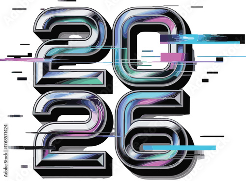 2026 Glitch Effect Numerals Modern Typography Artwork on Transparent Background