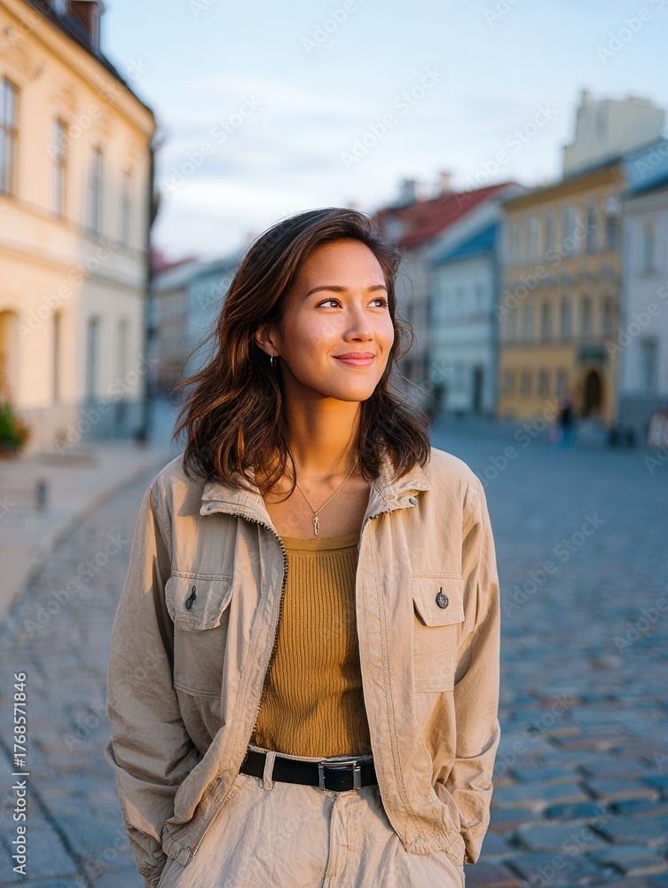 Fototapeta premium A young woman stands on a cobblestone street, smiling softly as the sun sets, surrounded by historic buildings in a charming urban setting.