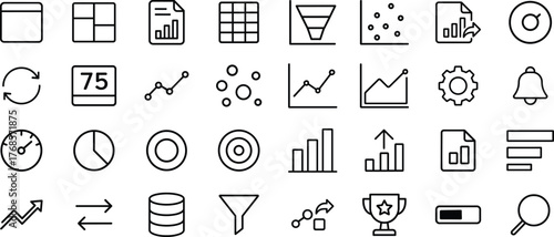 Analytics dashboard glyph icon set. Vector pictograms of business data, growth chart, performance metrics, trend analysis, and percentage report in solid black silhouette style