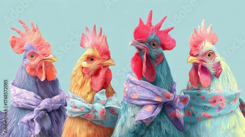 Four colorful chickens wearing patterned scarves stand against a light blue background. Each chicken has distinct feather colors and unique comb shapes.