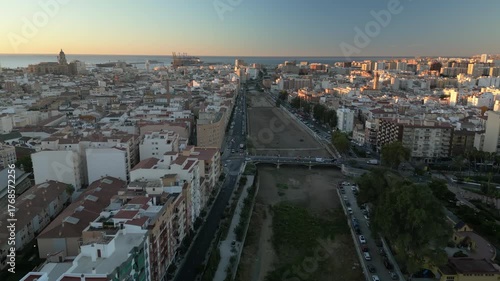 Aerial view of the Guadalmedina Riverbed in Malaga, Andalusia, Spain left dry - a stark symbol of climate‑change impact on urban water access.