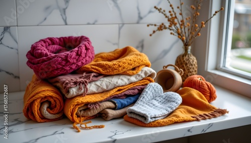 Cozy Knitted Textiles in Warm Colors Arranged Neatly on a Windowsill with Decorative Accents
