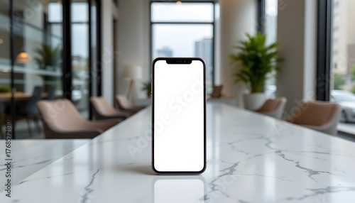 Smartphone Mockup Displayed on a Marble Table in a Modern Office Workspace with Plants