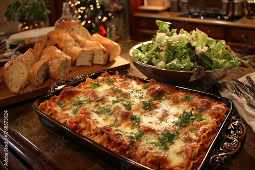 Warm cheesy lasagna fresh baked with crusty bread and vibrant green salad a perfect festive holiday meal for family gatherings