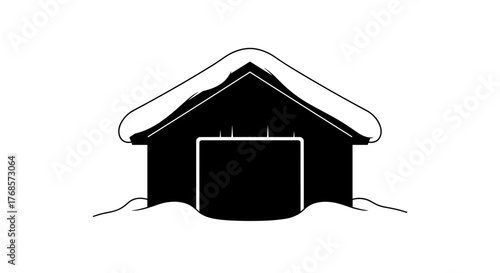 Simple black silhouette of a house with snow-covered roof  