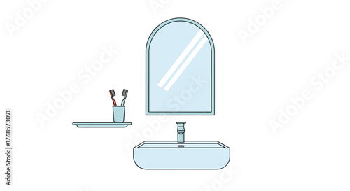 A minimalist bathroom scene featuring a mirror, sink, and toiletries on a white background.