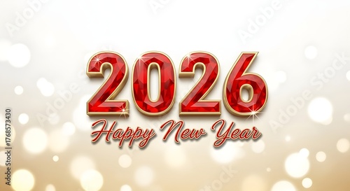 2026 red ruby text effect isolated on a gold bokeh background, Happy New Year banner