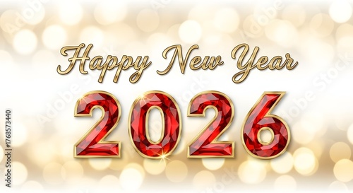 2026 red ruby text effect isolated on a gold bokeh background, Happy New Year banner