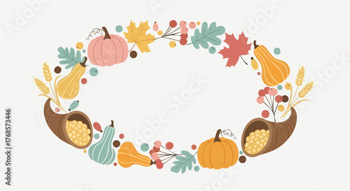 Autumn Harvest Wreath With Pumpkins And Leaves.