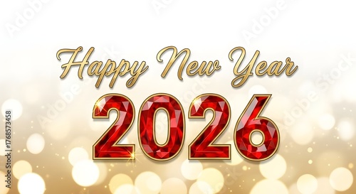2026 red ruby text effect isolated on a gold bokeh background, Happy New Year banner