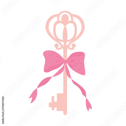 Ornate Key with Pink Bow Illustration. White background, isolate