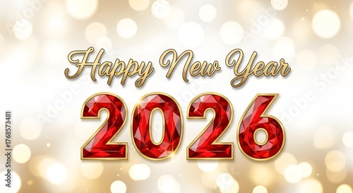 2026 red ruby text effect isolated on a gold bokeh background, Happy New Year banner