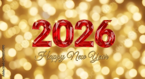2026 red ruby text effect isolated on a gold bokeh background, Happy New Year banner