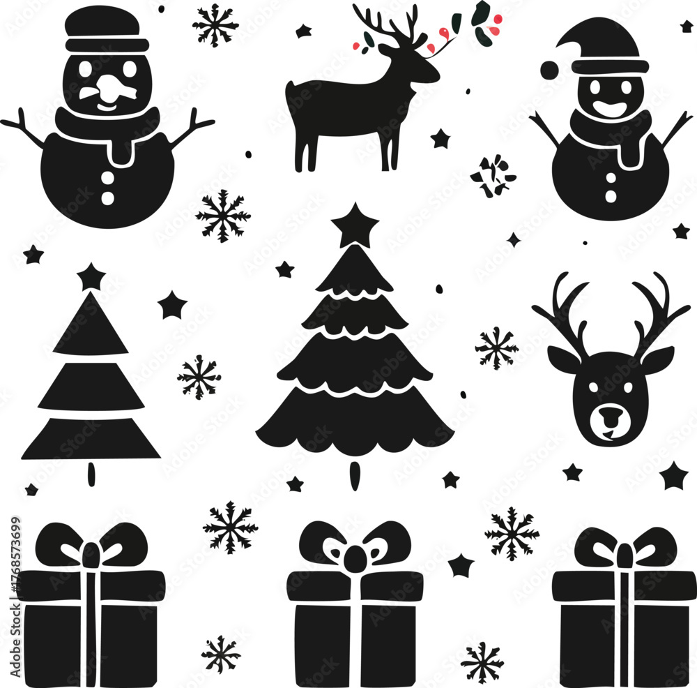 Fototapeta premium Flat Christmas silhouette icon set with Santa Claus, reindeer, snowman, gift box, and Christmas tree, solid black on white background