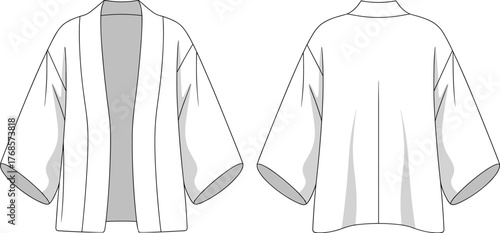 Kimono jacket technical drawing, front and back view, fashion CAD sketch, garment design vector, apparel illustration, cad drawing flat vector illustration